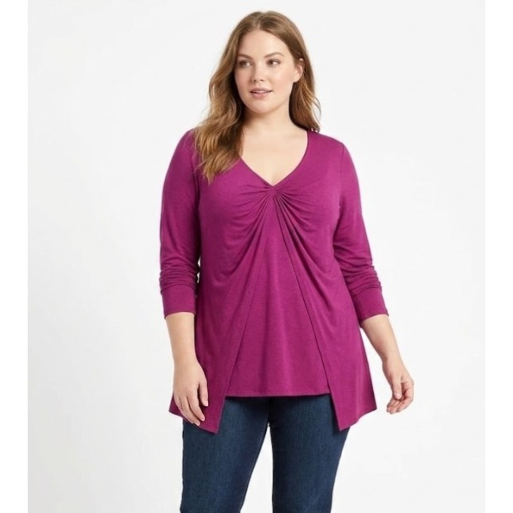 Boston Proper size XL Pink Magenta Ruched Front Stretch Knit Romantic Blouse